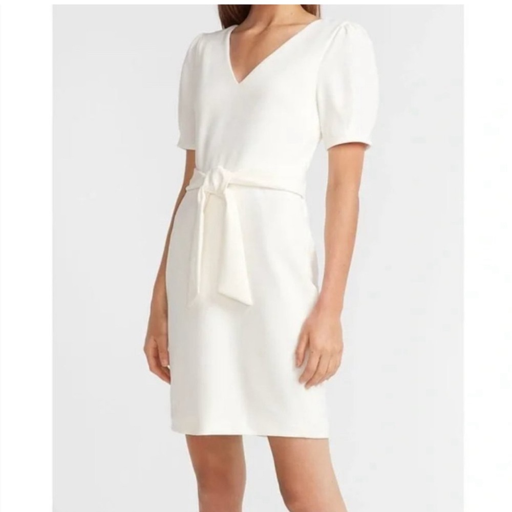 EXPRESS Puff Sleeve Tie Waist Sheath Dress in White / Ivory